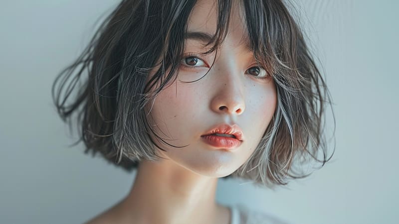 黒髪ボブヘアを楽しむ女性。