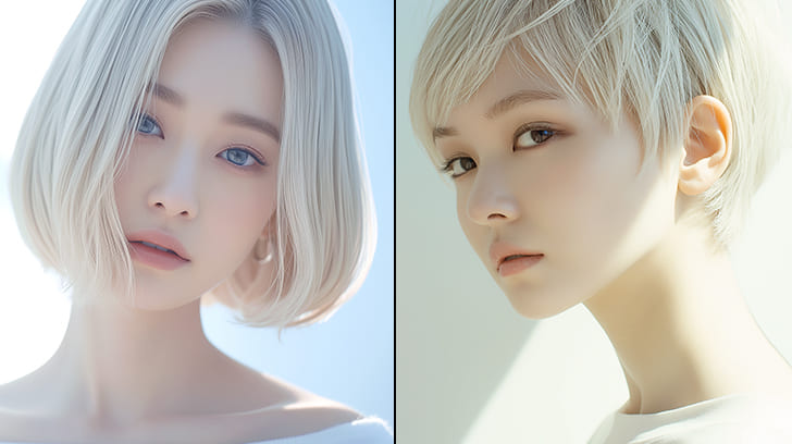 派手（ハデ）髪のブロンドボブヘアを楽しむ女性。派手（ハデ）髪のショートブロンドヘアを楽しむ女性。